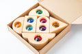 Bauspiel Fairytale Window Blocks with colourful transparent inserts in cardboard packaging.