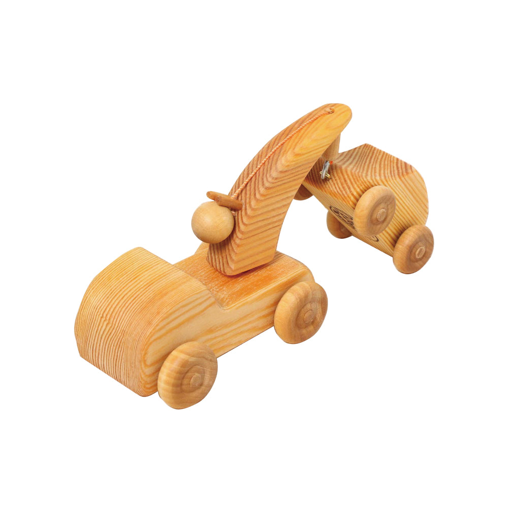 Telleby Small Wooden Tow Truck lifting its included passenger car with a wooden towing hook.