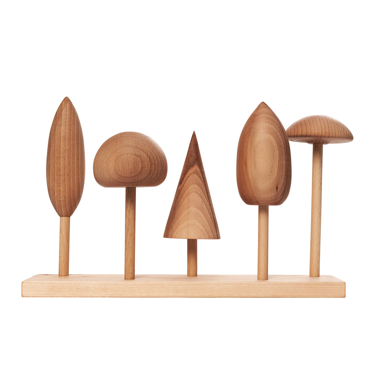 Wooden Story Tree Crowns stacking toy arranged on its wooden base